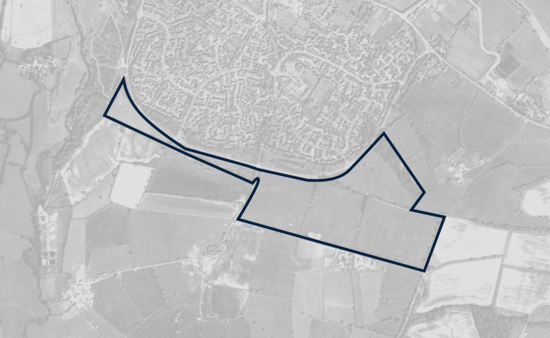 Greyscale aerial image of a plot of land, outlined in dark blue.