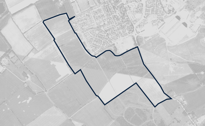 Greyscale aerial image of a plot of land, outlined in dark blue.