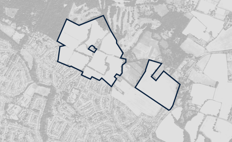 Greyscale aerial image of a plot of land, outlined in dark blue.