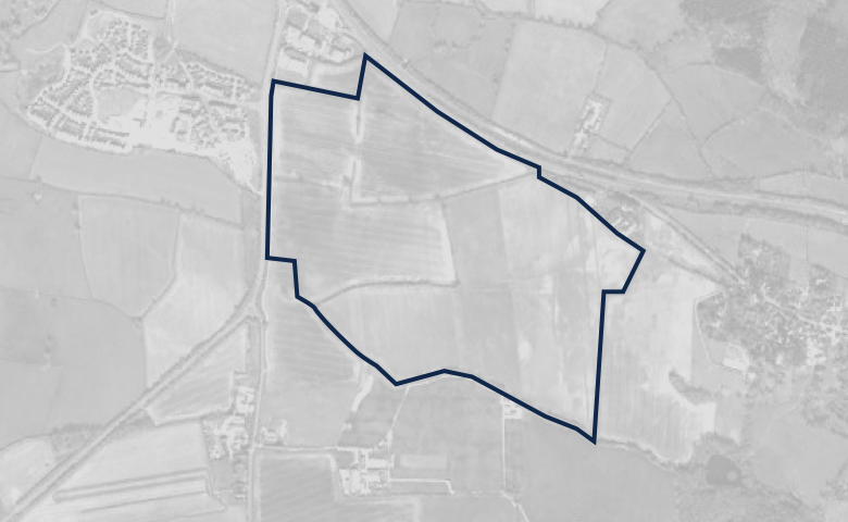 Greyscale aerial image of a plot of land, outlined in dark blue.